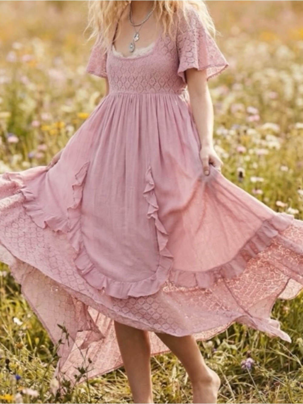 Free People Bring The Romance Midi Dress‎ Womens Large Pink Lace Boho